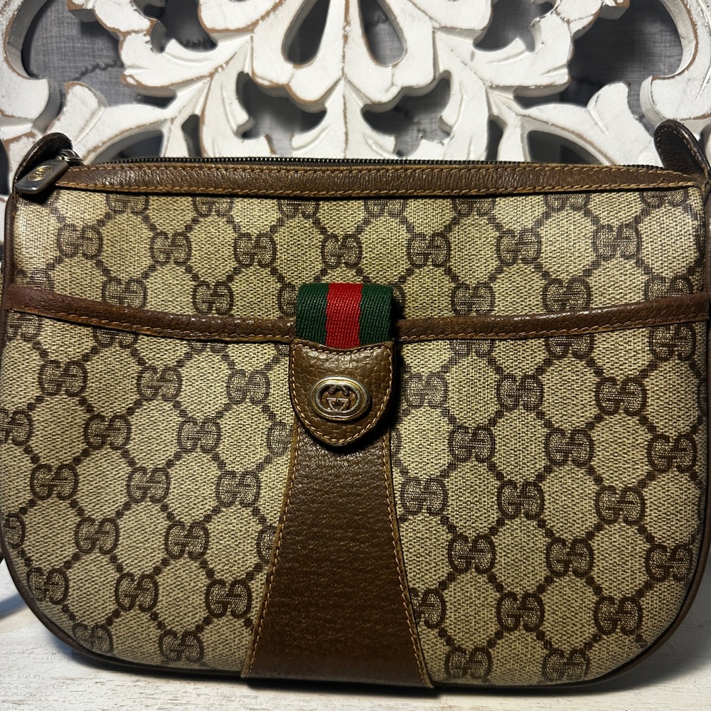 Gucci GG Supreme Web Stripe Crossbody Clutch Vintage Brown Leather with Dustbag